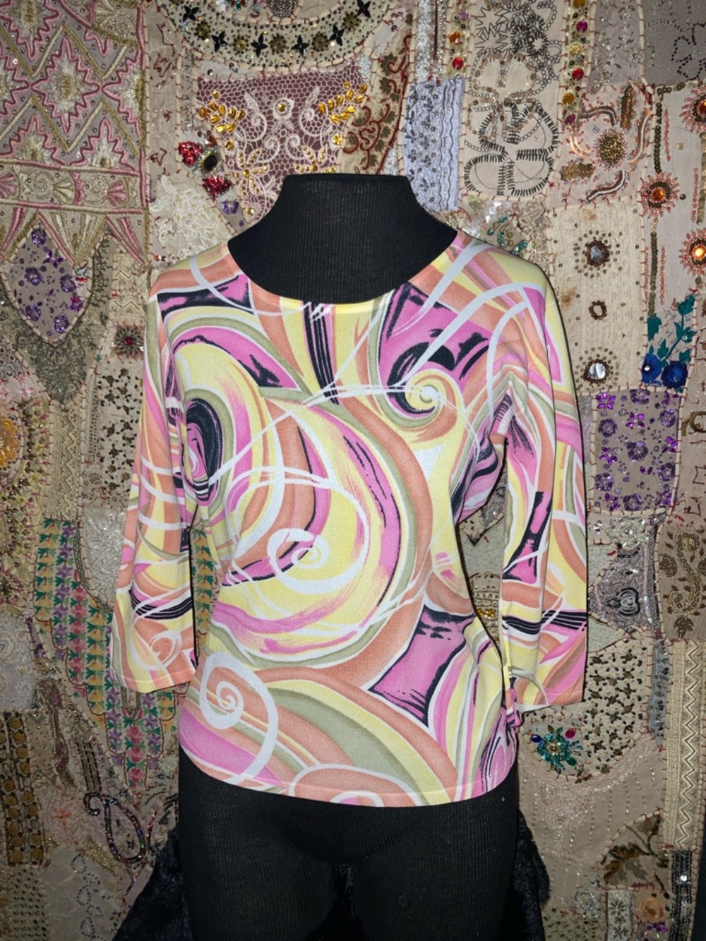 Joseph A Swirl-Print Long Sleeve Top in Pink, Cream and Black